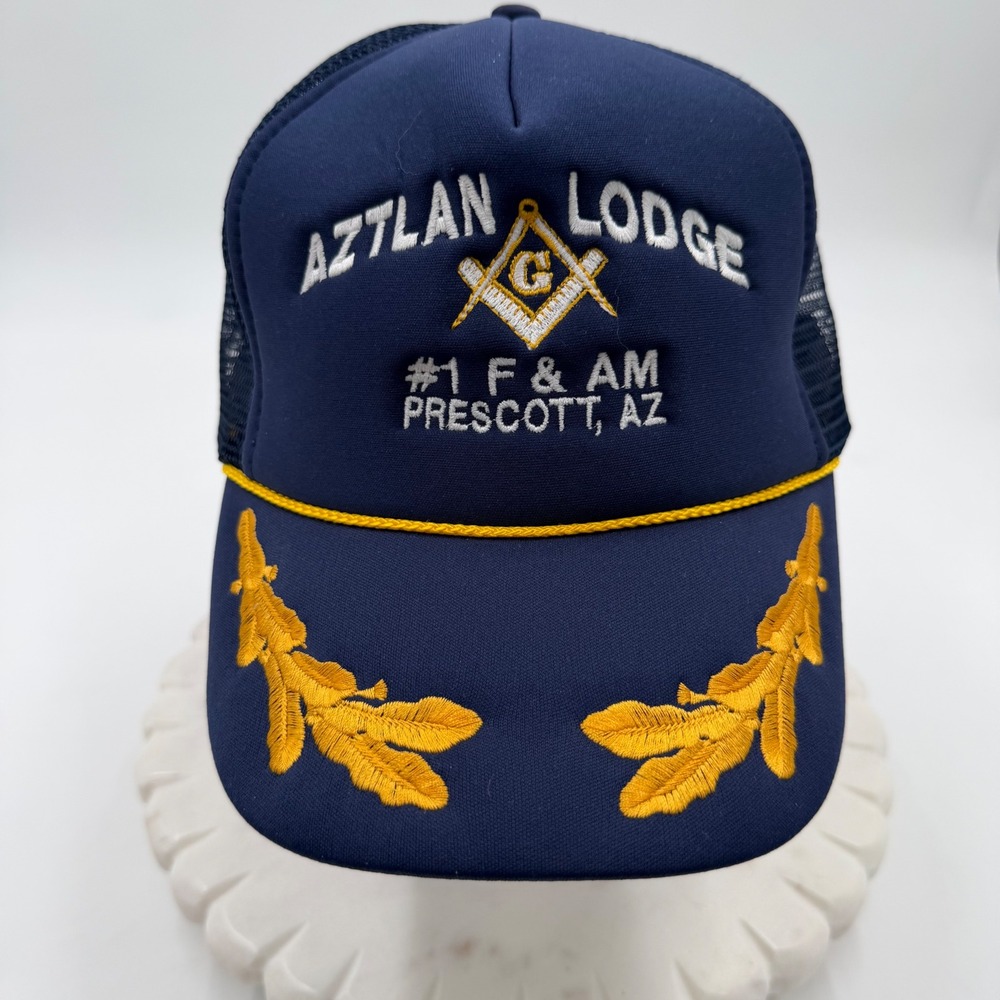 Vintage1980-90s Nissin Cap Masonic Aztlan Lodge 1 Prescott AZ Trucker Hat Navy
